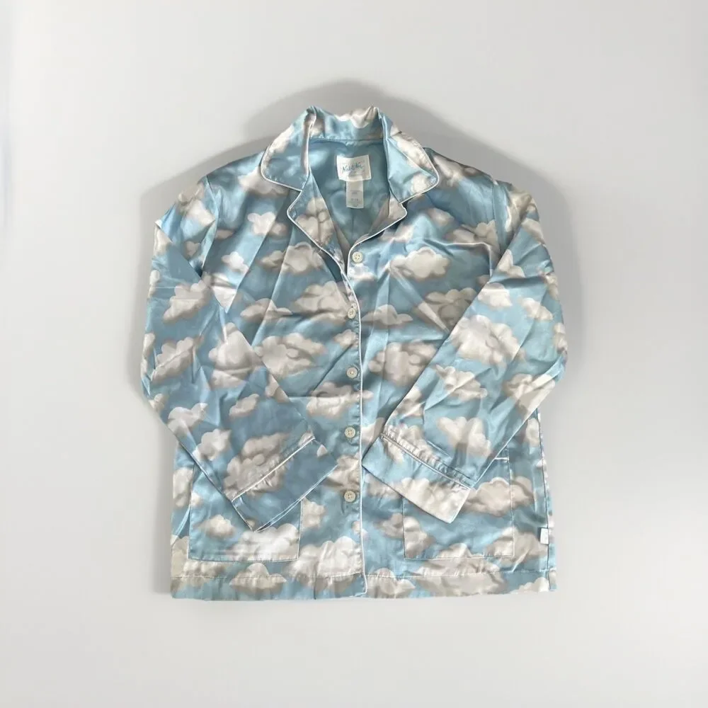 Nick and Nora Vintage Blue Cloud Print Satin Pajama Top Button Up Kids Sz M 7/8